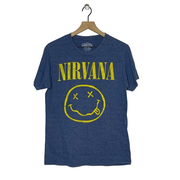 Nirvana Nevermind Smiley Face Band T-Shirt Size Small Grudge Blue Short Sleeve - Picture 1 of 5